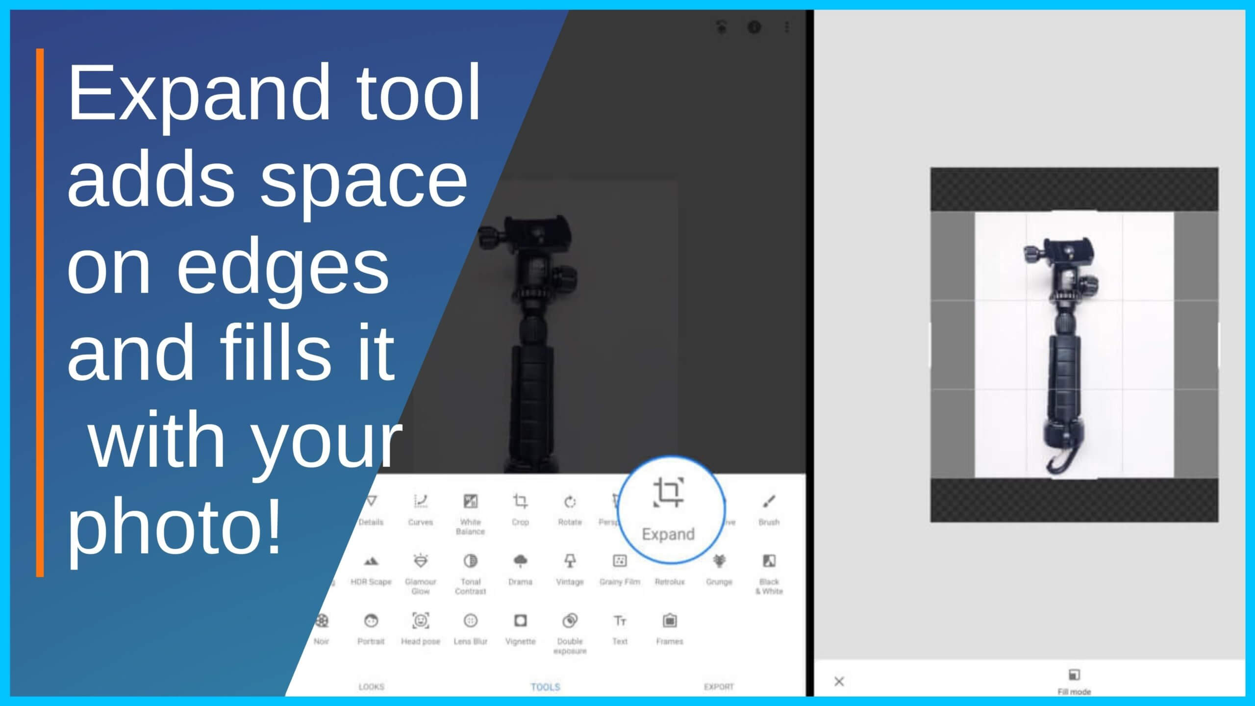 Use Snapseed expand tool to add extra space in your image to crop