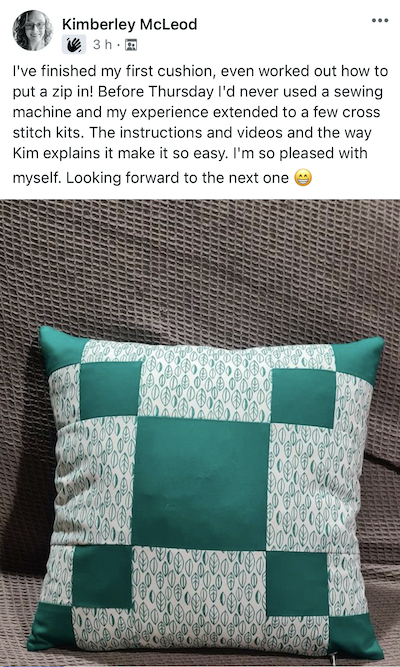 Beginner patchwork cushion made by a student after completing an online patchwork course with Quilt With Kim