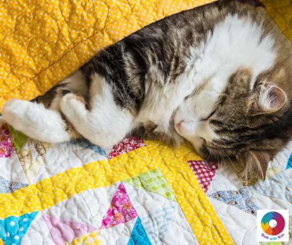 A fluffy tabby and white cat is curled up and sleeping on a colorful patchwork quilt with yellow, pink, and blue patterns. Part of the yellow quilt covers the cat.