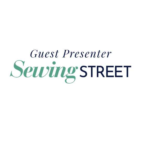 Text logo reads: Guest Presenter Sewing Street with Sewing in green cursive and the rest in dark blue capital letters on a white background.