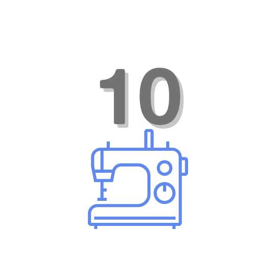A blue outline of a sewing machine is below a large gray number 10 on a white background.