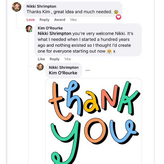 A Facebook comment thread where Nikki thanks Kim for a helpful idea. Kim replies that she created it for everyone. Below, theres a colorful hand-drawn thank you illustration in blue, orange, and yellow.