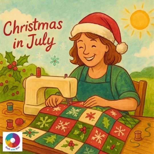 A cheerful illustration of a quilter wearing a Santa hat sewing a festive quilt outdoors under the summer sun. The scene blends Christmas motifs like holly and snowflakes with a bright blue sky and green grass, conveying the fun “Christmas in July” theme.