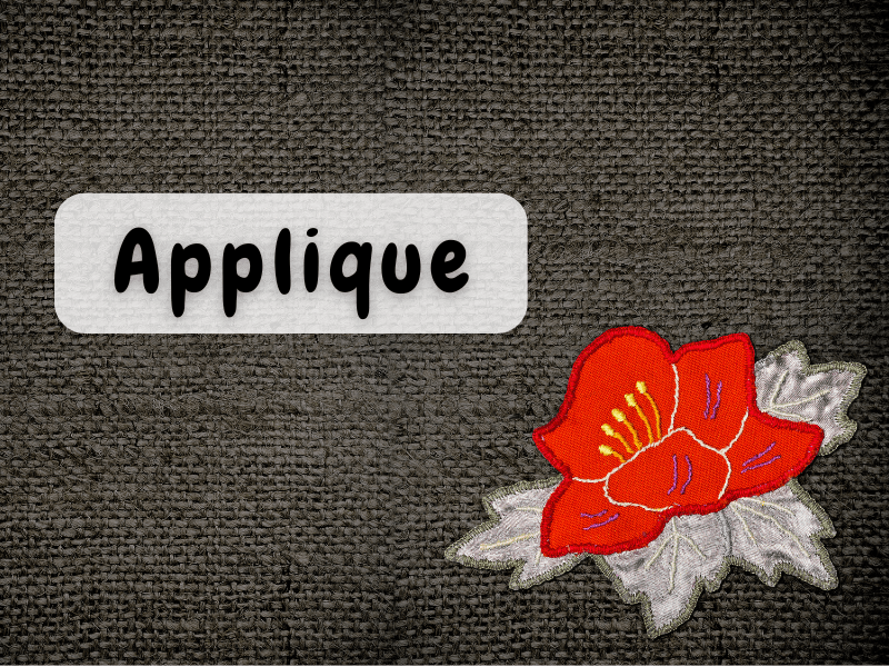Textured dark fabric background with the word 'Applique\' in bold black font on a white label. In the bottom right corner, there\'s a bright red appliqué flower with yellow and purple stitching, placed over silver leaves