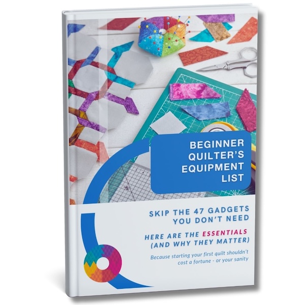 Book cover titled The Quilter’s Quick Start Toolkit: A Beginner’s Guide from Quilt With Kim, featuring colorful fabric, a rotary cutter, ruler, and social media and Sewing Street logos.