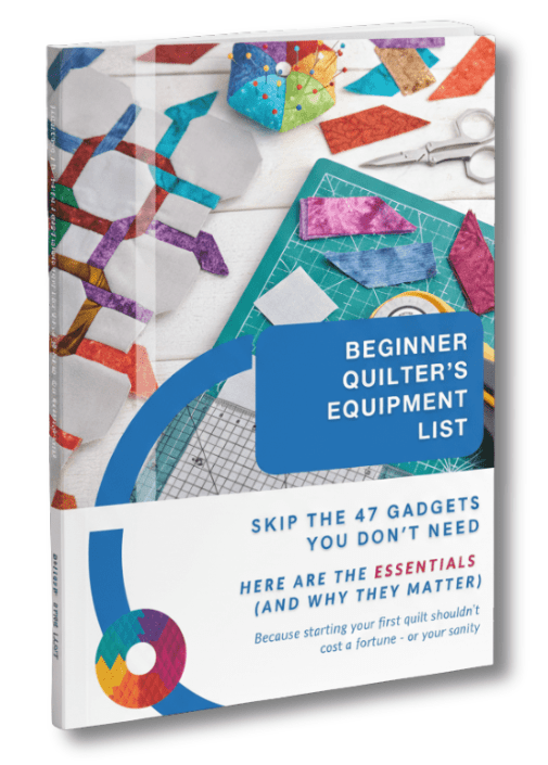 Book cover titled The Quilter’s Quick Start Toolkit: A Beginner’s Guide from Quilt With Kim, featuring colorful fabric, a rotary cutter, ruler, and social media and Sewing Street logos.