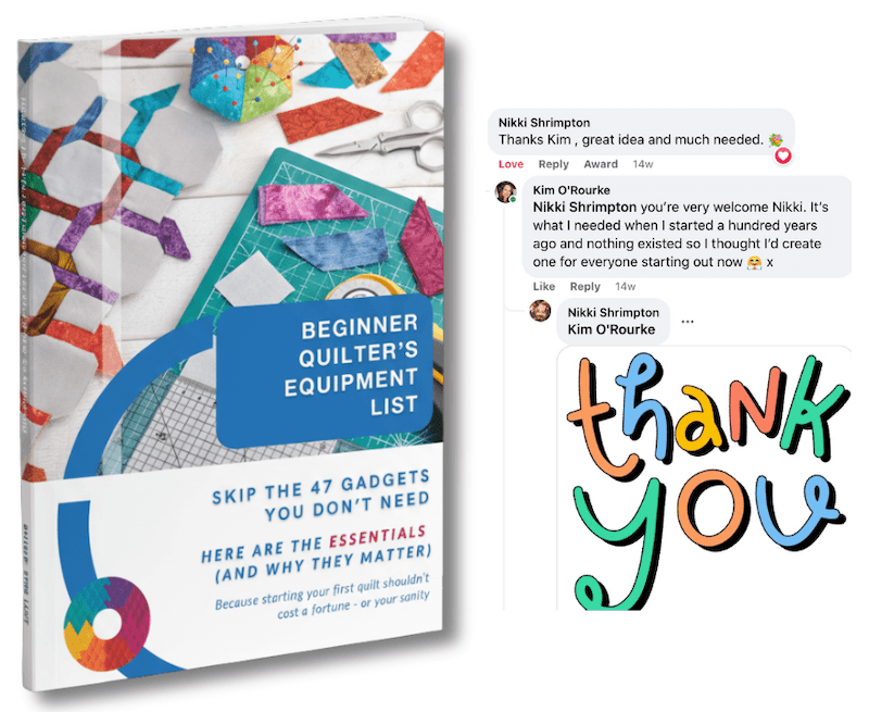 Book cover titled The Quilter’s Quick Start Toolkit: A Beginner’s Guide from Quilt With Kim, featuring colorful fabric, a rotary cutter, ruler, and social media and Sewing Street logos.