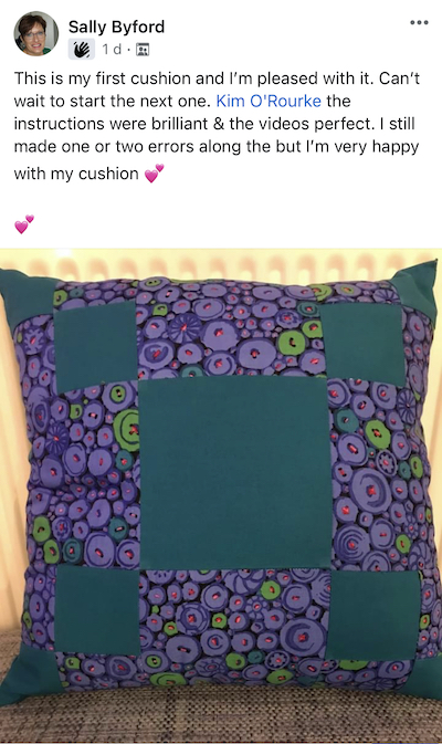 Beginner patchwork cushion made by a student after completing an online patchwork course with Quilt With Kim