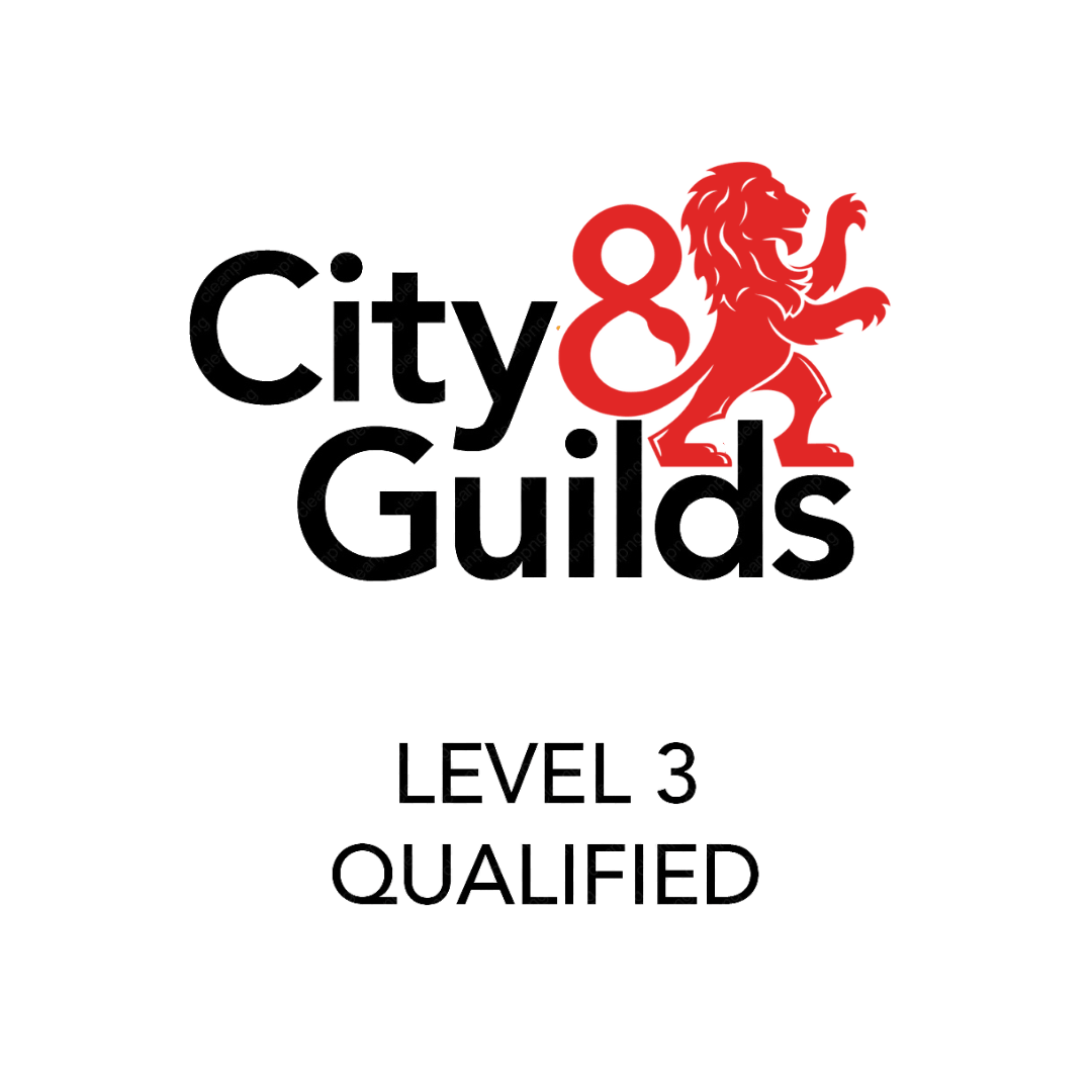 City & Guilds logo with a red lion next to the text. Below, the words LEVEL 3 QUALIFIED are written in black capital letters on a white background.
