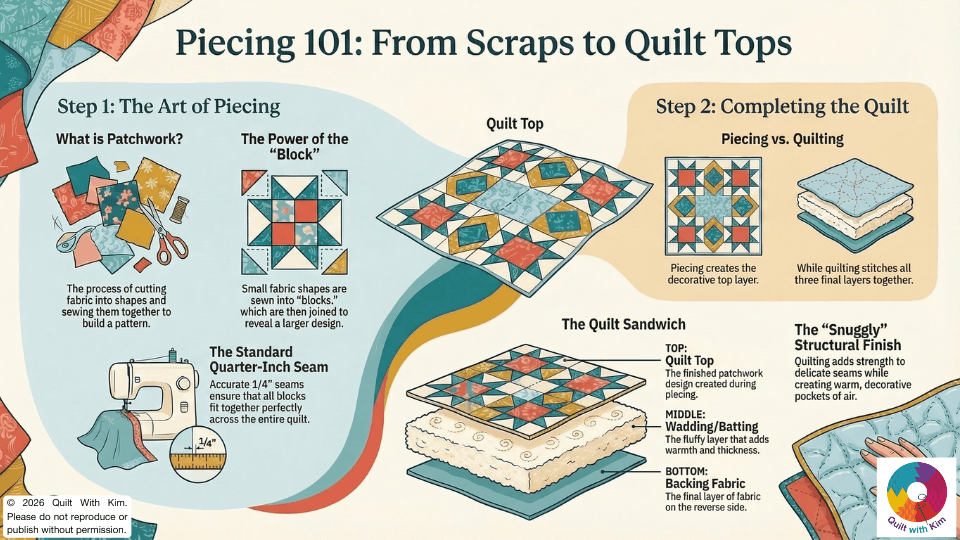 Infographic titled Piecing 101: From Scraps to Quilt Tops by Quilt With Kim explains what is piecing, shows quilt blocks and tools, and illustrates assembling quilt layers and parts of a finished quilt with colorful diagrams.