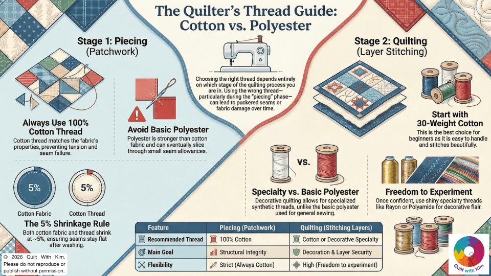 Infographic titled The Quilters Thread Guide: Cotton vs. Polyester compares thread types for piecing and quilting, featuring Quilt With Kim’s polyester or cotton for quilting guide and illustrations of quilts, thread spools, and a sewing machine.