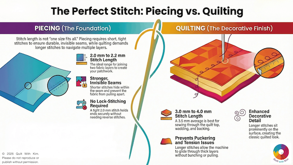 Infographic titled "The Perfect Stitch: Piecing vs. Quilting