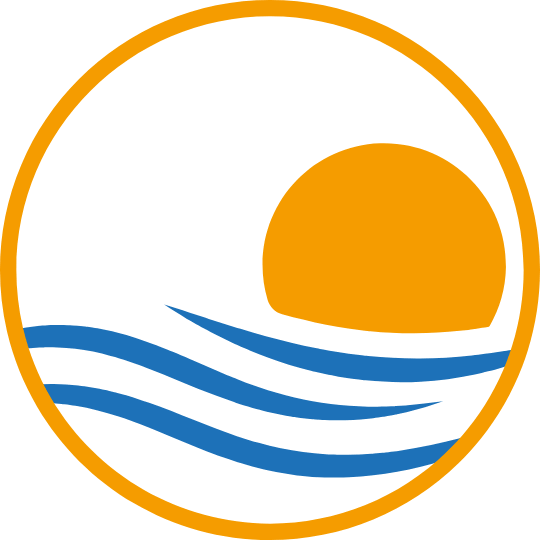 A stylized logo of an orange sun over three blue wavy lines, symbolizing water, enclosed in an orange circle.