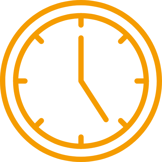 A simple orange line drawing of a clock showing the time as 12:25, with an outline circle and tick marks indicating the hours.