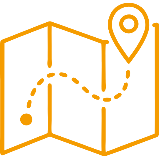 An orange outline of a folded map with a location pin at the top right and a dotted path leading from the bottom left to the pin, suggesting a journey or route.
