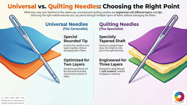 Illustration comparing universal vs quilting needles: universal needles have a rounded tip for general use, while quilting needles feature a tapered shaft for piercing through three fabric layers. Colorful fabrics and needles are shown.