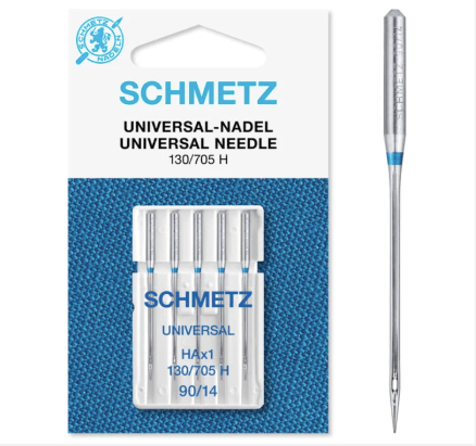 Five sewing machine needles in a plastic case with SCHMETZ UNIVERSAL NEEDLE 130/705 H on the packaging. One needle is shown separately on the right side of the image.