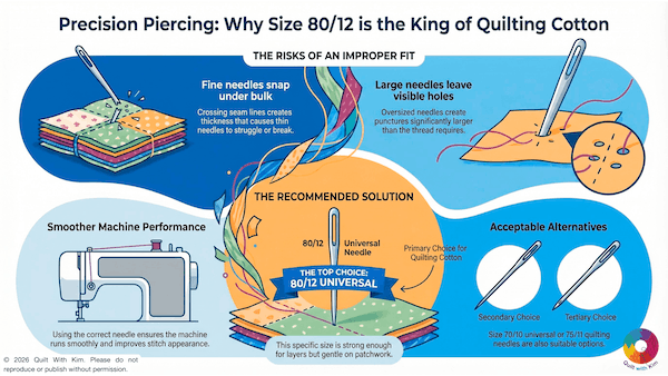 Infographic on what size needle for quilting cotton, showing risks of improper fit—fine needles snagging, large needles leaving holes. Recommends 80/12 universal needles, with secondary and tertiary alternatives displayed.