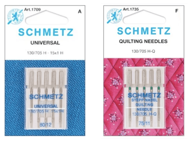 Two packs of Schmetz sewing machine needles to show the correct needle size for quilting cotton: one labeled Universal with a blue background, the other Quilting Needles with a pink patterned background. Each pack contains five needles of different sizes.