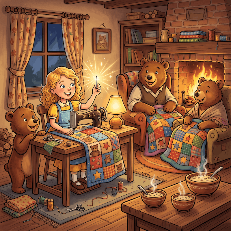 A girl sews a colorful patchwork quilt at a sewing machine—using the best needle size for quilting—while three bears watch her in a cozy, warmly lit cabin. Bowls of porridge steam on the table, creating a homey, storybook scene.