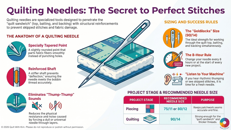 Infographic explains what are quilting needles, detailing their anatomy, benefits like reduced noise and strong shafts, sizing tips, success rules, and a chart recommending needle sizes for piecing (75/11, 80/12) and quilting (90/14).