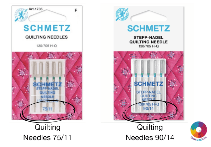 Two packages of Schmetz quilting needles are shown. The left pack contains size 75/11 and the right pack contains size 90/14 needles. Both are labeled for quilting, helping answer what are quilting needles used for in your projects.