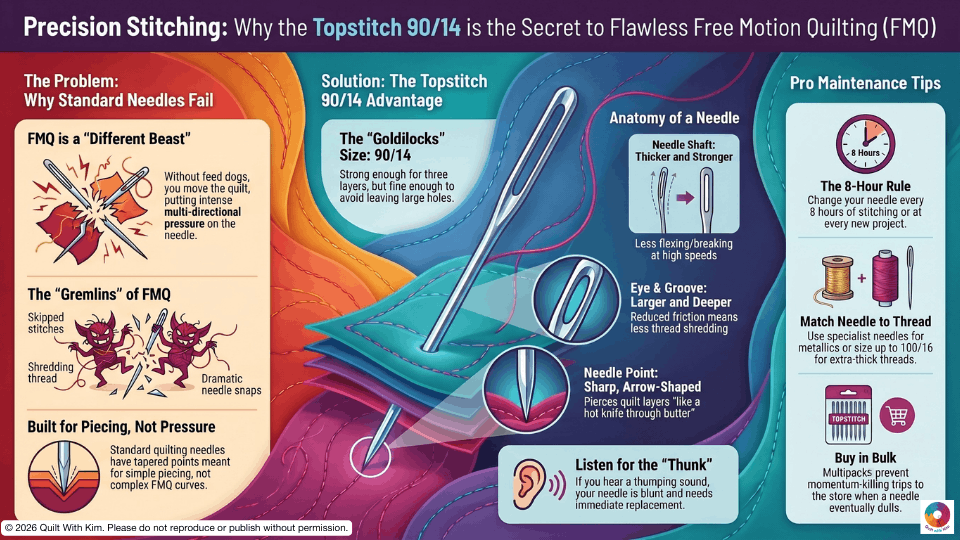 Infographic explains what are quilting needles, detailing their anatomy, benefits like reduced noise and strong shafts, sizing tips, success rules, and a chart recommending needle sizes for piecing (75/11, 80/12) and quilting (90/14).