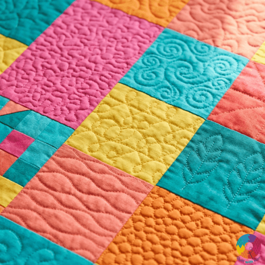 A colorful patchwork quilt with squares in pink, yellow, orange, and teal, each featuring different quilted stitching patterns such as swirls, leaves, and waves.
