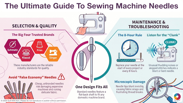 Infographic titled The Ultimate Guide To Sewing Machine Needles with sections on selection, quality, maintenance, and troubleshooting. Includes brand logos, illustrations of needles, a sewing machine, and tips for needle care and replacement.