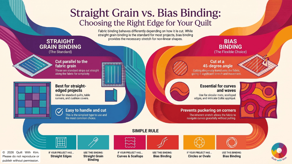 Infographic comparing straight grain binding (for straight-edged quilt projects) versus bias binding (for curves, scallops, and circles), with a quick-reference guide matching edge shapes to the right binding type.