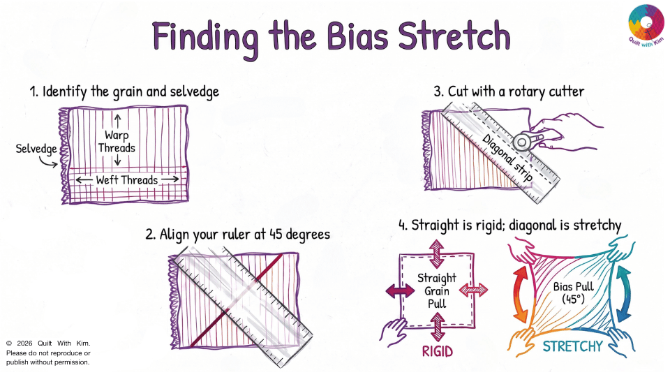 Illustrated four-step guide titled 'Finding the Bias Stretch,\' showing how to identify grain and selvedge on fabric, align a ruler at 45 degrees, cut a diagonal strip with a rotary cutter, and a diagram comparing straight grain pull (rigid) versus bias pull at 45 degrees (stretchy).