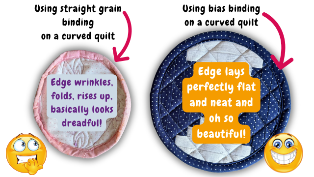Two circular quilts: the Pink Dream Quilt (left) features wrinkled, raised pink edging created with straight grain binding, while the Blue Wave Quilt (right) has smooth, flat blue edging finished with bias binding for a neater look.