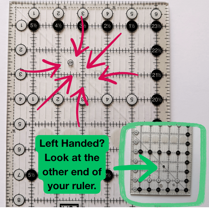 A quilting ruler with pink arrows pointing to the center. A green box says, Left Handed? Look at the other end of your ruler. A small inset shows the rulers opposite end.