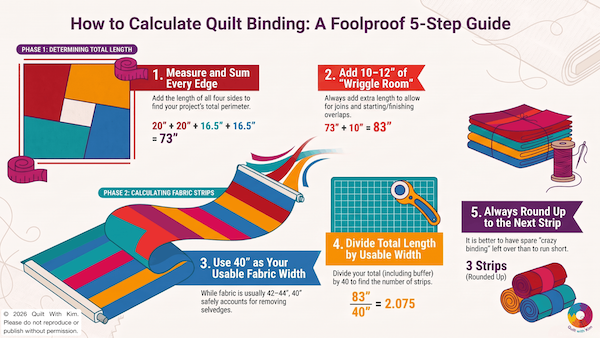 Infographic showing how to calculate quilt binding in 5 steps: measure and add all quilt edges, add 10–12 inches for joins, use 40 inches as the usable fabric width, divide the total length by 40, then round up to the next whole strip.
