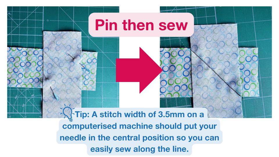 Two quilt binding strips pinned right sides together along a marked diagonal line, then sewn along the line to create the join.