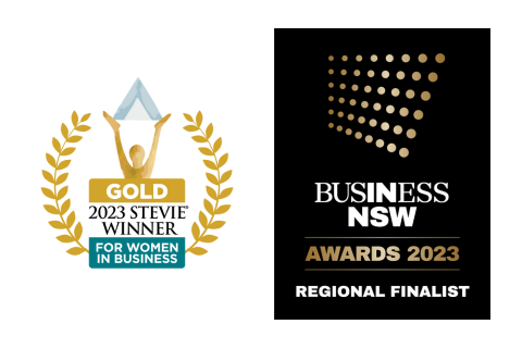 Stevie Award women in business logo alongside Globee award logo